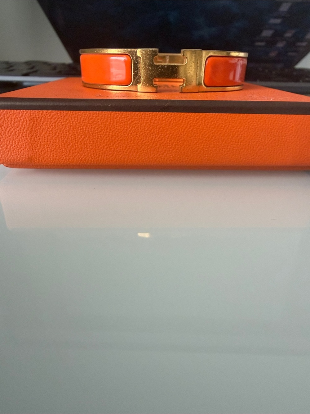 Hermes Orange Enamel Clic Clac H Bracelet with Gold Hardware size PM (16cm)